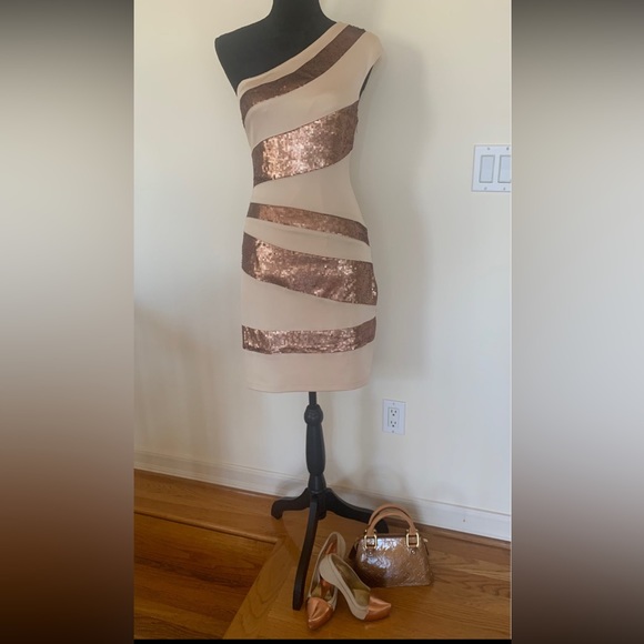 ALEXIA ADMOR One Shoulder Beige Sequins Fitted Bodycon Cocktail Party Dress Sz M - Picture 1 of 12